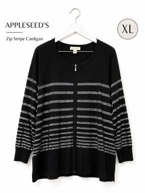 Appleseed’s Zip Cardigan Black Silver Striped Lightweight Sweater XL